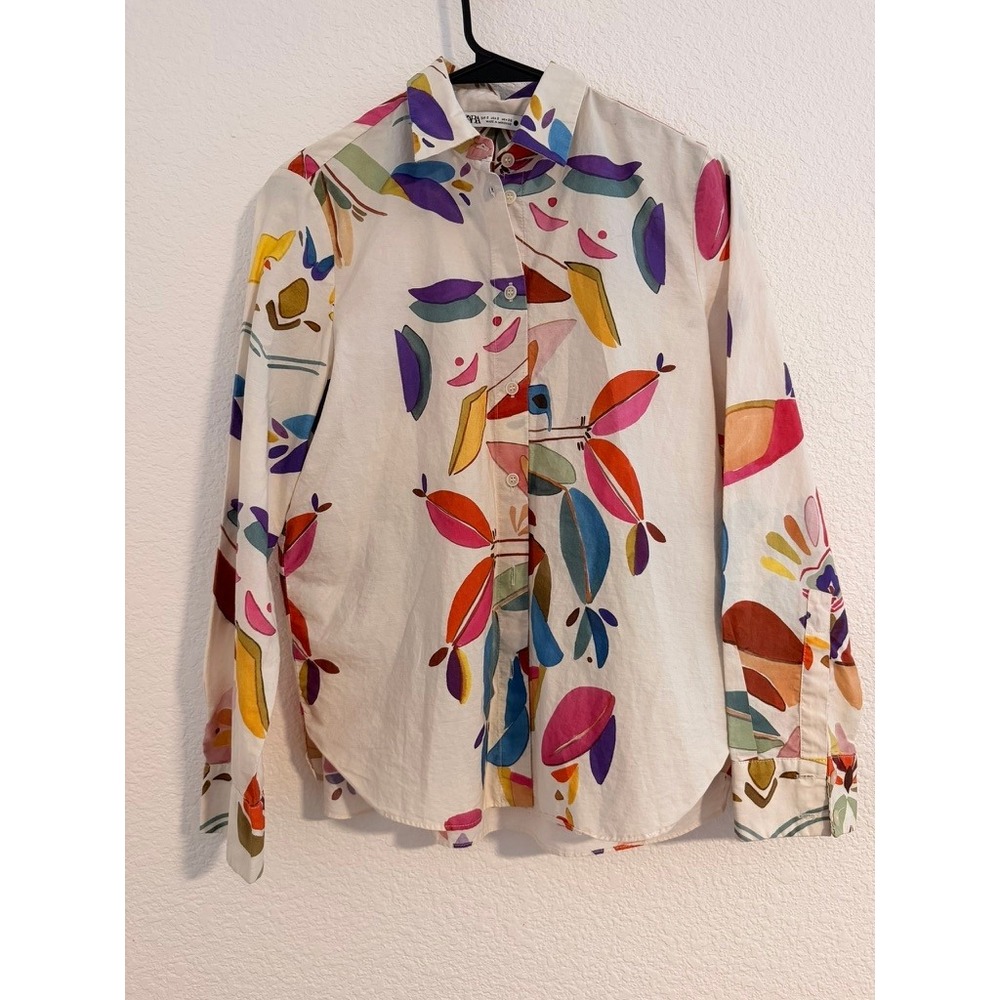 Zara Women White Multi Color Abstract Botanical Print Cotton Button Down Shirt S